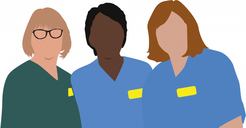A coloured silhouette graphic of three NHS nurses