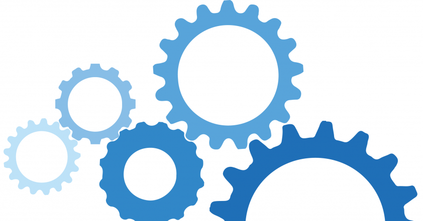 Blue cog icons fitted together in a mechanism