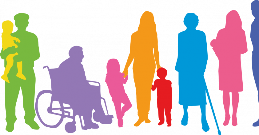 Coloured silhouettes of couples, families, elderly and children